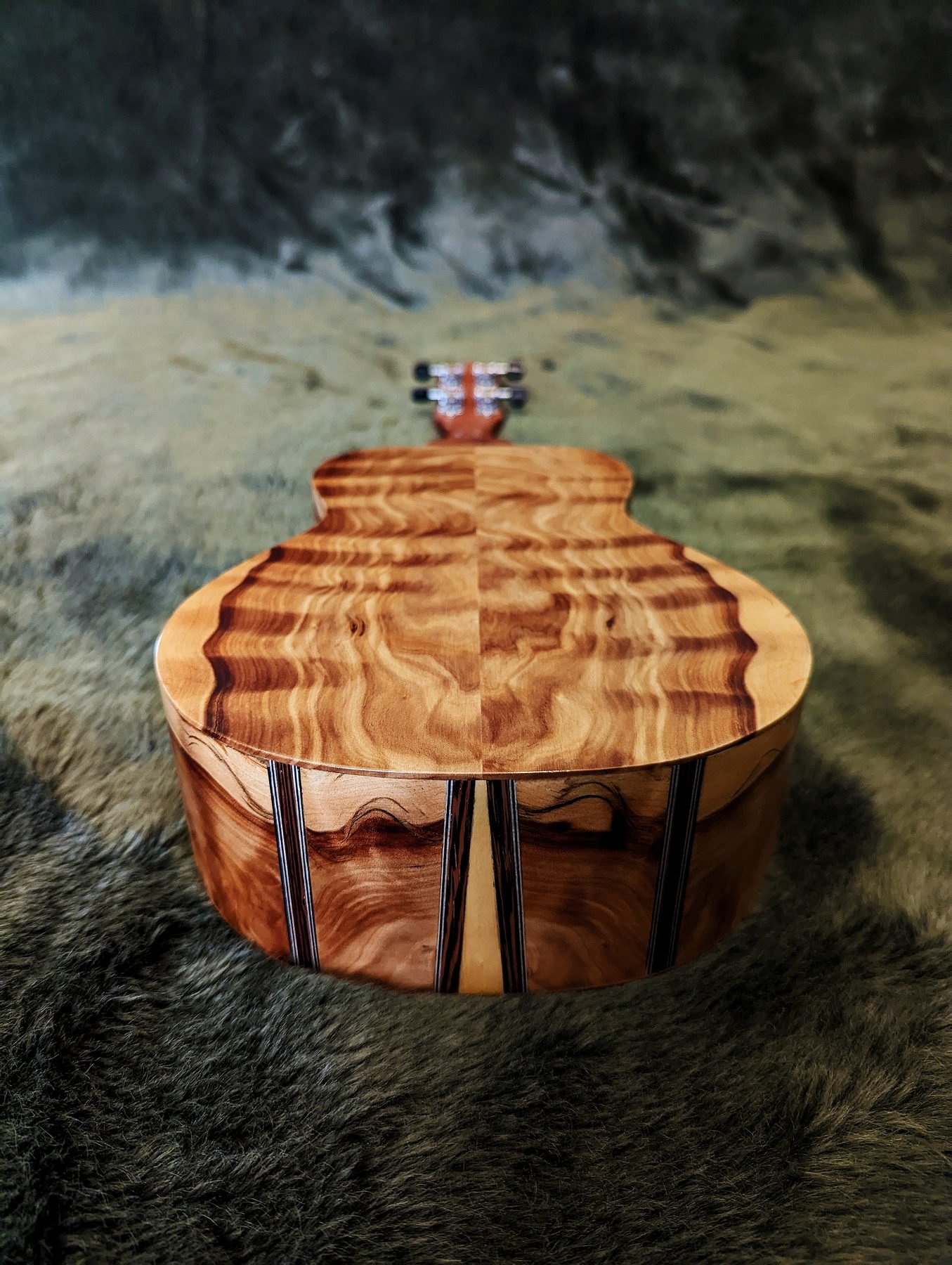 The tail of the ukulele with a Huon Pine and Wenge tail graft