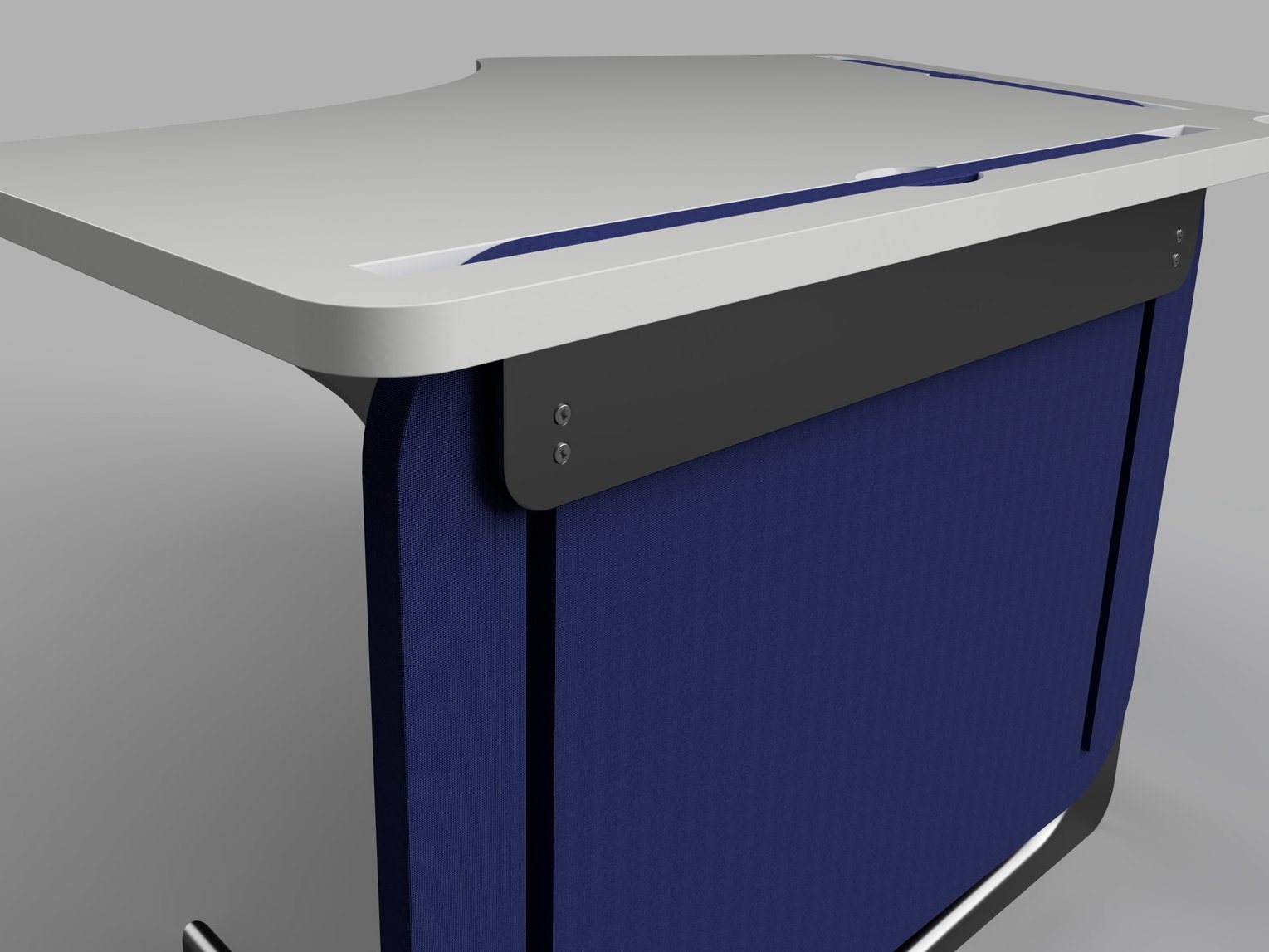 Close detail of a screen stowed beneath the worktop edge of a Confluence module