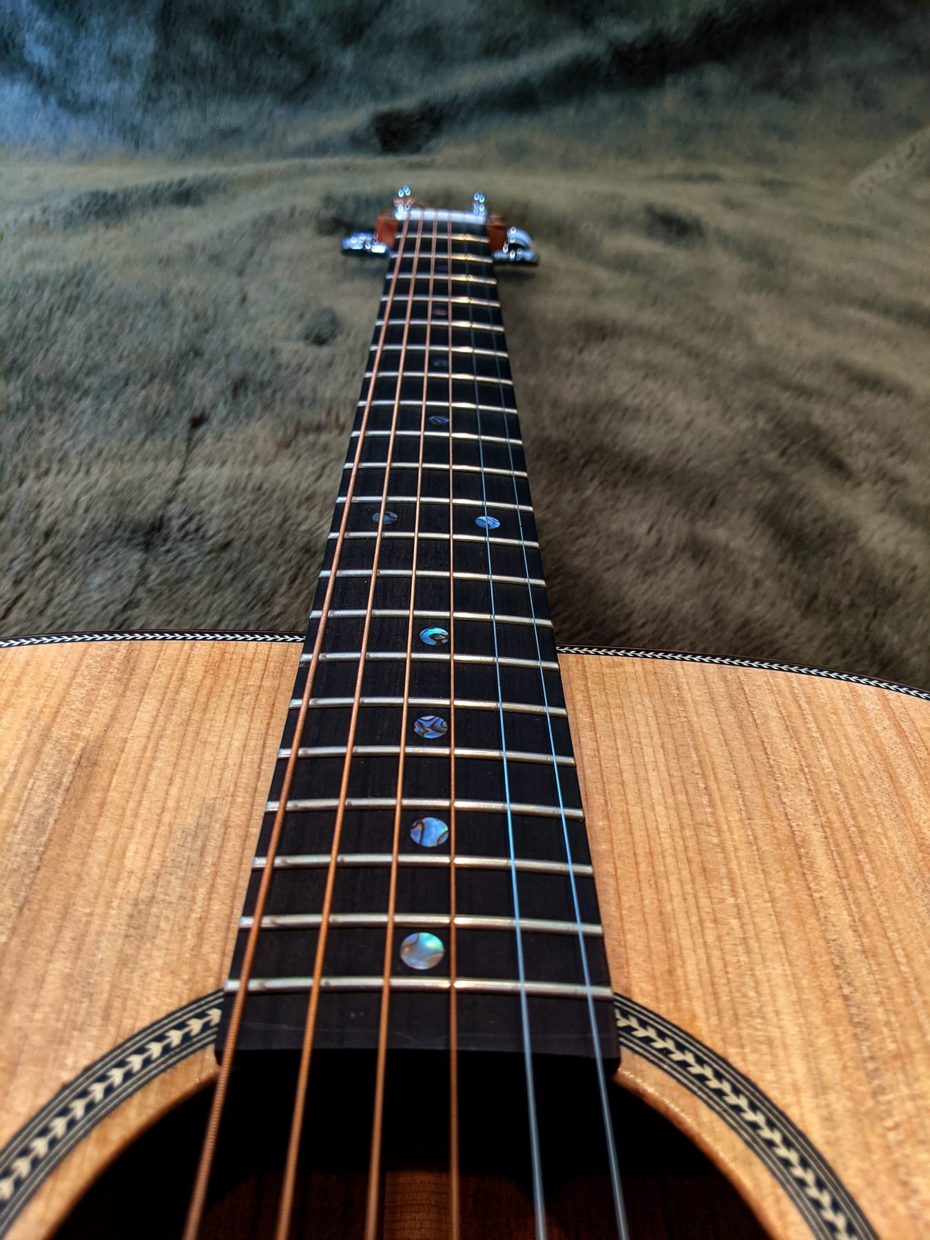 Looking up the ebony fingerboard from the soundhole