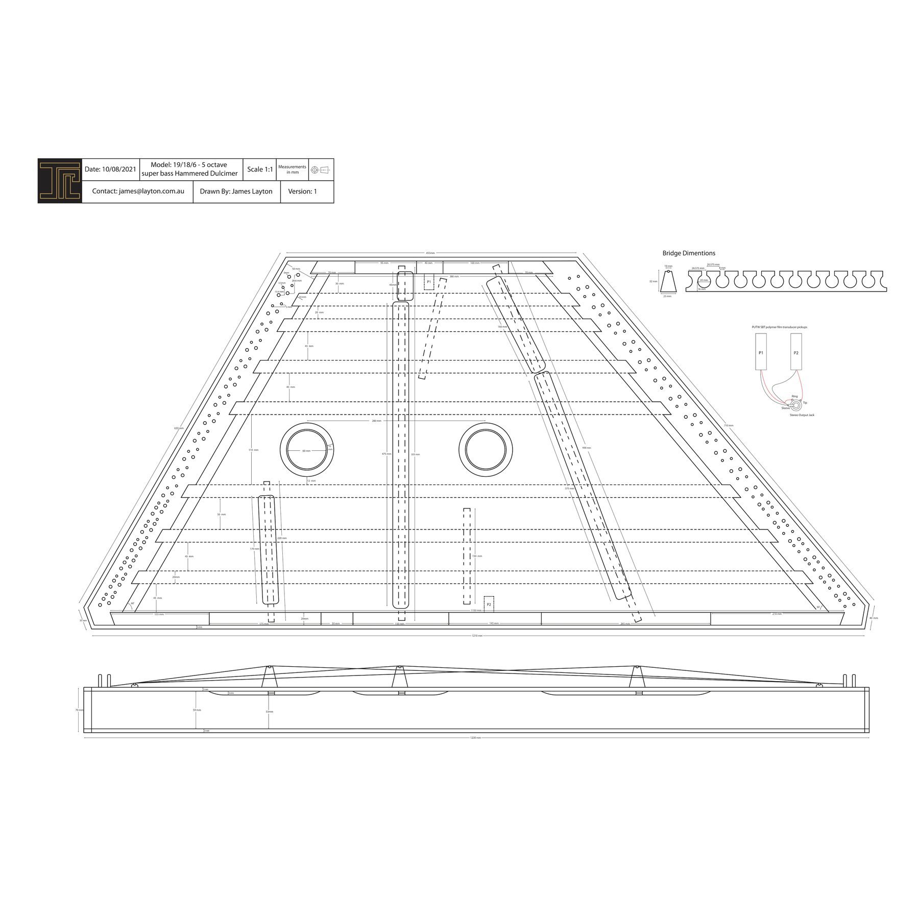 Full technical drawing of the hammered dulcimer showing string layout, bridges and frame