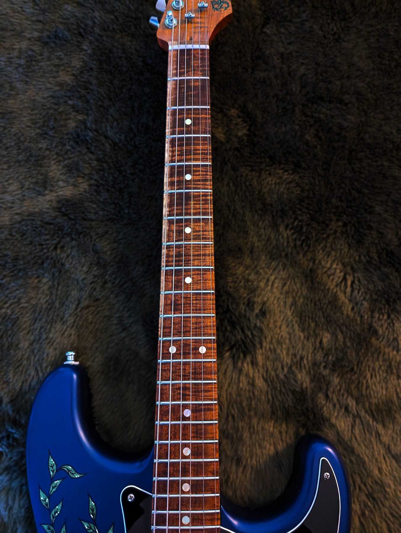 The Willowcaster from above the headstock, looking down the fiddleback neck